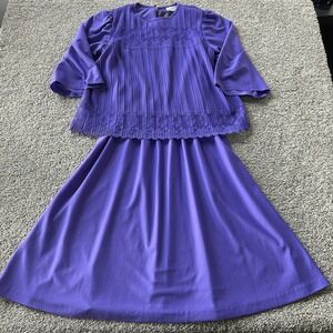 Vintage 80s Good Times Shirt Skirt Set Womens 13/14 Purple Pleated Knit Formal